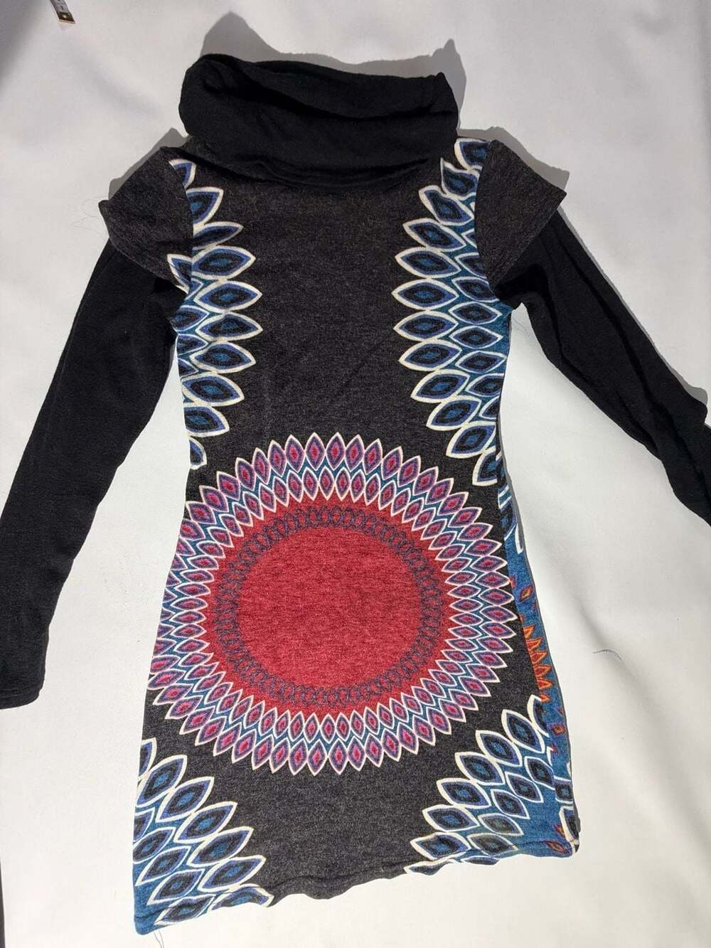 Axyeh Tunic Dress S Black Gray Mandala Cowl Neck Long Sleeve Y2K Boho